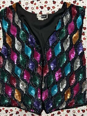 CARINA Sequin Vest Beaded Silk 1980s Multicolor Scalloped Harlequin Size M